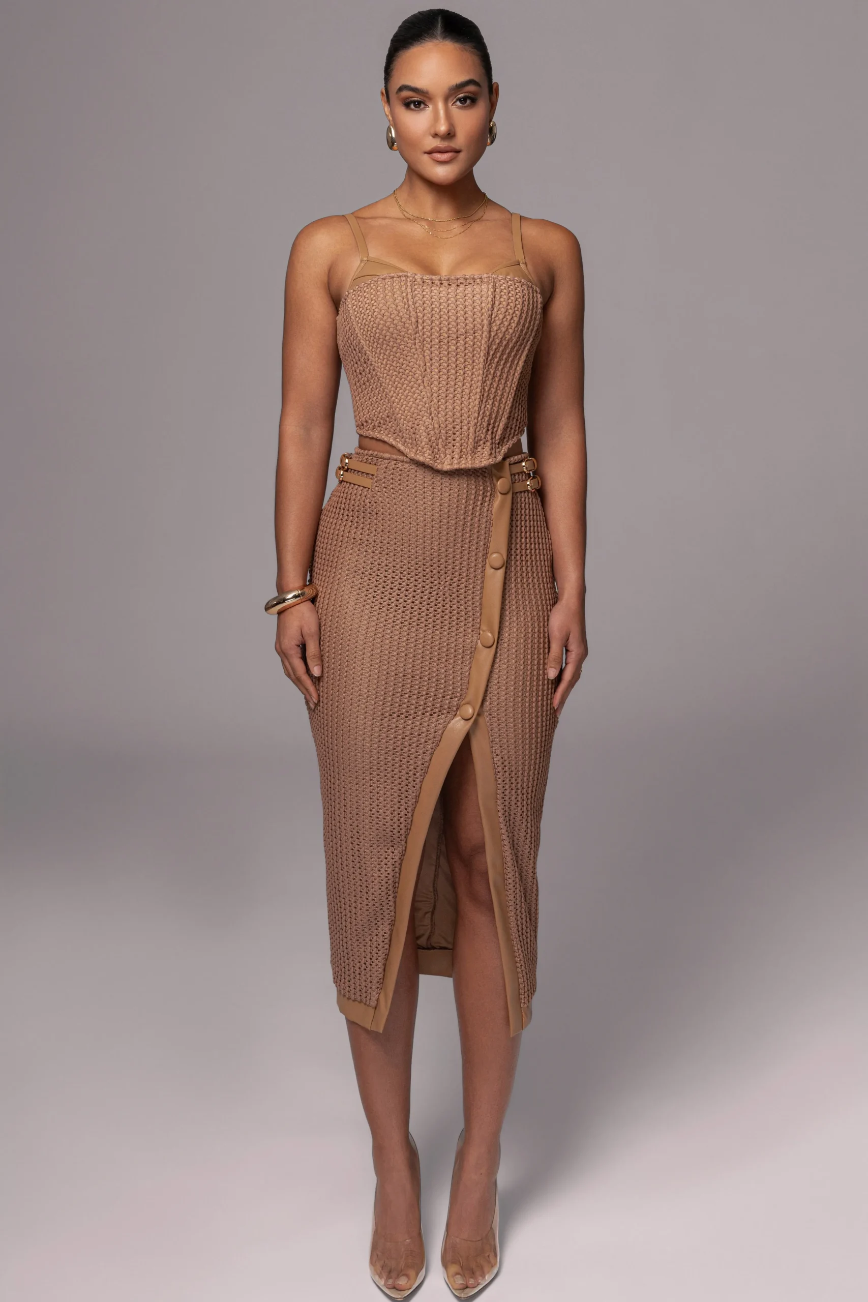 Tan Textured Mystique Midi Skirt*JLUXLABEL Best