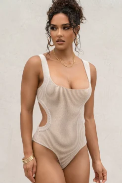 Taupe/White Deana Ribbed Bodysuit*JLUXLABEL Clearance